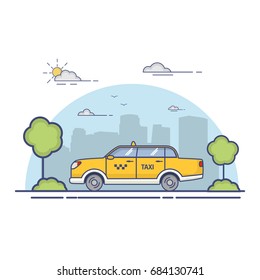 city yellow taxi cab icon against the city silhouette with skyscrapers and tower.Urban landscape with trees and clouds.Concept of design of a banner in line art flat style a vector.Taxi service car