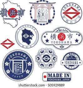 City of Yokohama, Japan. Set of generic stamps and signs including city map, emblem elements and Japanese hieroglyph Yokohama name.