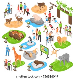 City zoo isometric set with adult and kid visitors and animals of african arctic asian zones isolated vector illustration 