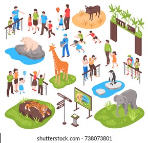 City zoo isometric set with children and their parents watching animals and photographing them isolated vector illustration 