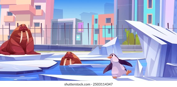 Recinto al aire libre del parque zoológico de la ciudad con animales del norte. Ilustración vectorial de dibujos animados de lindos pingüinos y morsas en el hielo y la nieve, en el lago de agua frente a los edificios de varios pisos de la ciudad detrás de la valla.