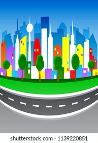 Citycape in bright, saturated colors with effect of distortion fish eye. Vector illustration
