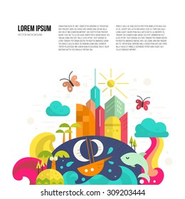Citylife illustration - modern buildings, sea, palm trees, transport, weather and butterflies. Ecology concept made in flat style vector.