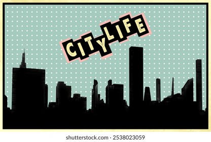 Citylife arranha-céu cityscape retro estilo grunge efeito textura vetor ilustração urbano edifício paisagem desenho animado vintage poster banner fundo