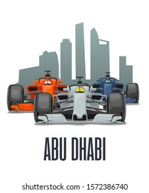 Cityline Abu Dhabi and three racing cars on Grand Prix United Arab Emirates. Vector flat illustration isolated on white background for poster, web icon