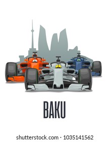 Cityline Baku and three racing cars on Grand Prix. Vector flat illustration isolated on white background for poster, web icon