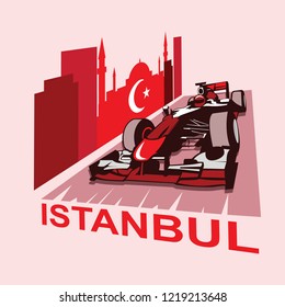 Cityline Istanbul with racing car. Vector flat illustration isolated for poster, web icon