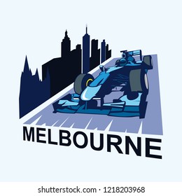 Cityline Melbourne with racing car. Vector flat illustration isolated for poster, web icon