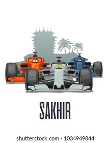 Cityline Sakhir y tres camiones de carreras en el Gran Premio de Bahréin. Ilustración plana vectorial aislada en fondo blanco para el afiche, icono web