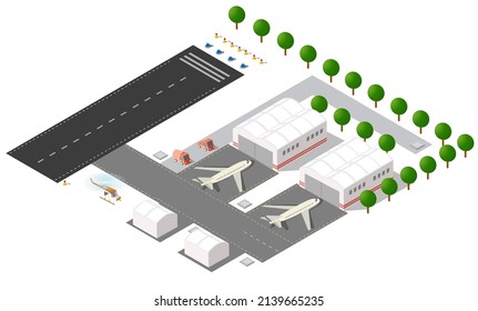 City's airport, the trees and the flight of construction and building, terminal, planes and cars vector illustration.