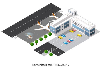 City's airport, the trees and the flight of construction and building, terminal, planes and cars vector illustration.