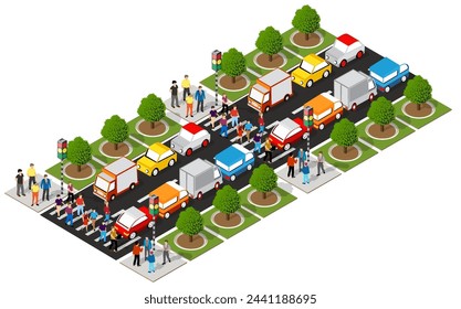 Ilustración en 3d de la escena del estilo de vida de la ciudad sobre temas urbanos con casas, coches, personas, árboles y parques. Concepto isométrico 3d para diseño, juegos, web