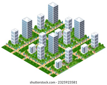 The city's lifestyle scene  illustrations on urban themes with houses, cars, people, trees and parks. Concept isometric 3d vector for design, games, web
