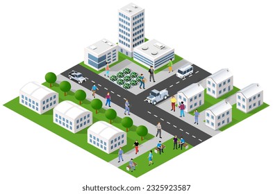 The city's lifestyle scene  illustrations on urban themes with houses, cars, people, trees and parks. Concept isometric 3d vector for design, games, web