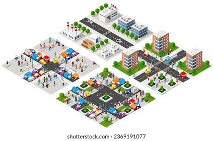 The city's lifestyle scene illustrations on urban themes with houses, cars, people, trees and parks. Concept isometric 3d vector for design, games