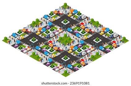 The city's lifestyle scene illustrations on urban themes with houses, cars, people, trees and parks. Concept isometric 3d vector for design, games