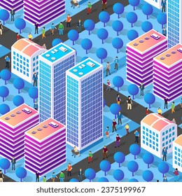 The city's lifestyle scene illustrations on urban themes with houses, cars, people, trees and parks. Concept isometric 3d vector for design, games