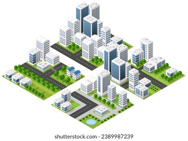 The city's lifestyle scene illustrations on urban themes with houses, cars, people, trees and parks. Concept isometric 3d vector for design, games