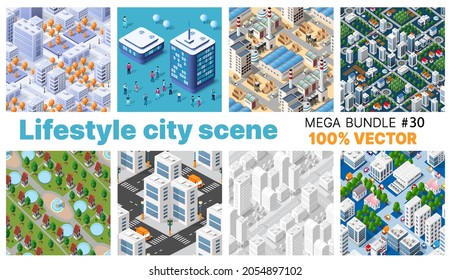 The city's lifestyle scene set 3D illustrations on urban themes with houses, cars, people, trees and parks.