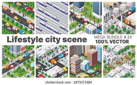 La escena del estilo de vida de la ciudad pone ilustraciones sobre temas urbanos con casas, autos, personas, árboles y parques. Concepto vector 3d isométrico para diseño, juegos, web.