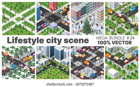 The city's lifestyle scene set illustrations on urban themes with houses, cars, people, trees and parks. Concept isometric 3d vector for design, games, web.