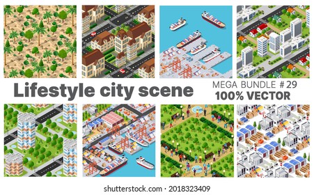 The city's lifestyle scene set illustrations on urban themes with houses, cars, people, trees and parks.