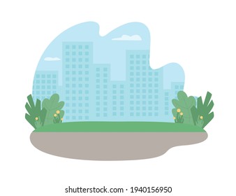 Cityscape 2D vector web banner, poster. Road in park with view on skyscrapers. Public place flat scenery on cartoon background. Downtown district printable patch, colorful web element