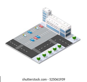 Cityscape 3d city street public block house from above highway intersection transportation road. Isometric winter landscape of skyscraper view of building office and residential area of construction