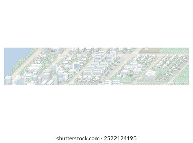 Paisaje urbano ilustración 3D. Ilustración vectorial de edificios.
