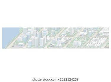 Paisaje urbano ilustración 3D. Ilustración vectorial de edificios.