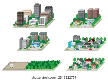 Paisaje urbano ilustración 3D. Ilustración vectorial de edificios.