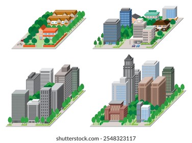 Paisaje urbano ilustración 3D. Ilustración vectorial de edificios.