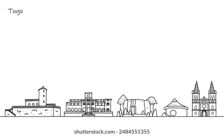 Cityscape of the African state of Togo. Street panorama consisting of beautiful buildings and landmarks of the country. Vector illustration.