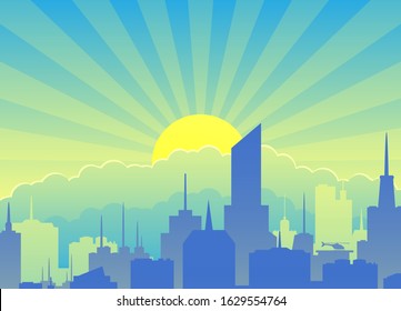Cityscape against the backdrop of sunrise and clouds.