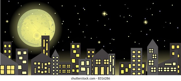 Cityscape against full moon night sky