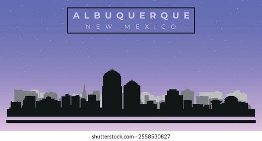 Cityscape against the starry sky. Albuquerque, New Mexico, Usa. Black and white silhouettes of buildings. Vector on gray background