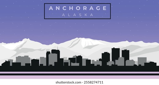 Cityscape against the starry sky. Anchorage, Alaska, Usa. Black and white silhouettes of buildings. Vector on gray background