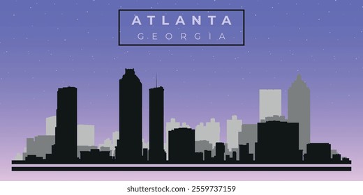 Cityscape against the starry sky. Atlanta, Georgia, Usa. Black and white silhouettes of buildings. Vector on gray background