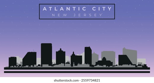 Cityscape against the starry sky. Atlantic city, Usa. Black and white silhouettes of buildings. Vector on gray background