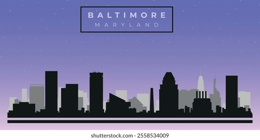 Cityscape against the starry sky. Baltimore, Maryland, Usa. Black and white silhouettes of buildings. Vector on gray background