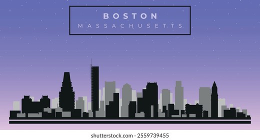 Cityscape against the starry sky. Boston, Massachusetts, Usa. Black and white silhouettes of buildings. Vector on gray background