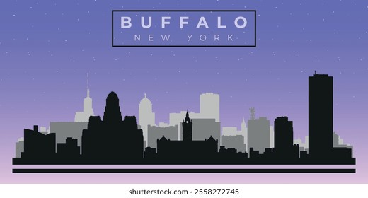 Cityscape against the starry sky. Buffalo, New York, Usa. Black and white silhouettes of buildings. Vector on gray background