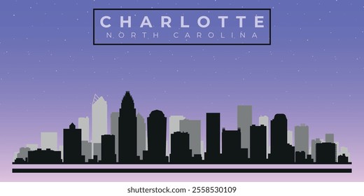 Cityscape against the starry sky. Charlotte, North Carolina, Usa. Black and white silhouettes of buildings. Vector on gray background