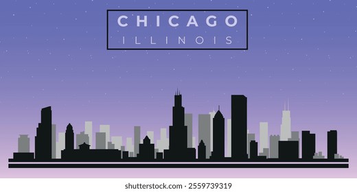 Cityscape against the starry sky. Chicago, Illinois, Usa. Black and white silhouettes of buildings. Vector on gray background