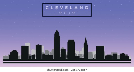 Cityscape against the starry sky. Cleveland, Ohio, Usa. Black and white silhouettes of buildings. Vector on gray background