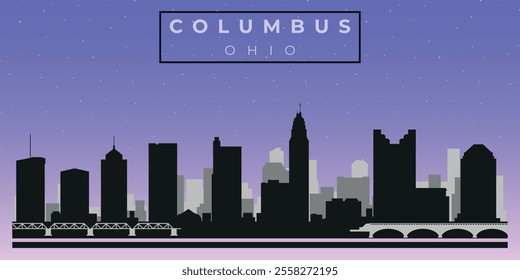 Cityscape against the starry sky. Columbus, Ohio, Usa. Black and white silhouettes of buildings. Vector on gray background