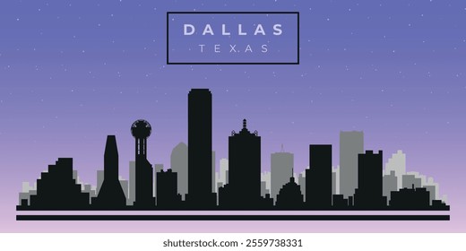 Cityscape against the starry sky. Dallas, Texas, Usa. Black and white silhouettes of buildings. Vector on gray background