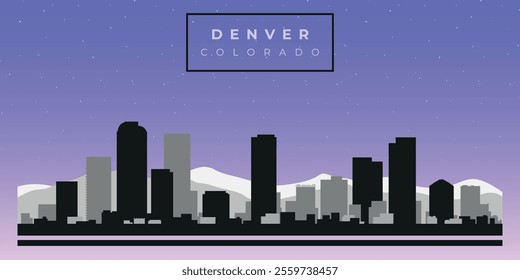 Cityscape against the starry sky. Denver, Colorado, Usa. Black and white silhouettes of buildings. Vector on gray background