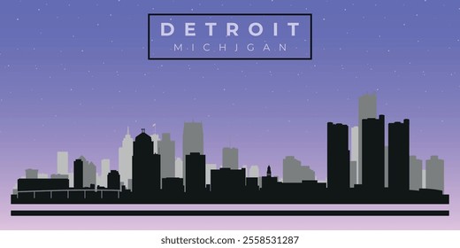 Cityscape against the starry sky. Detroit, Michigan, Usa. Black and white silhouettes of buildings. Vector on gray background