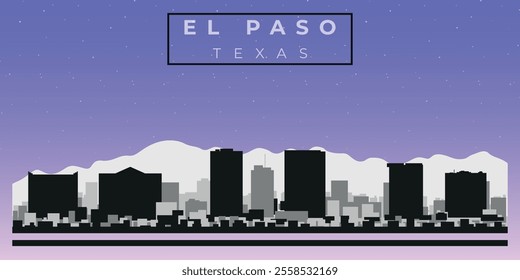 Cityscape against the starry sky. El Paso, Texas, Usa. Black and white silhouettes of buildings. Vector on gray background